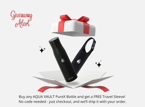 Black AQUA VAULT PureX bottles with a free travel sleeve offer on a white background.