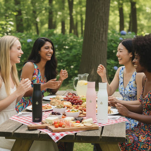 Four women enjoying a picnic in a park with food and AQUA VAULT PureX Bottles on a table.