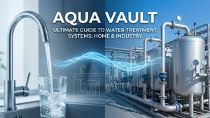 Aqua Vault water treatment system with a glass of water and modern kitchen faucet.