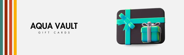 AQUA VAULT gift cards banner with gift box and colorful stripes on white background
