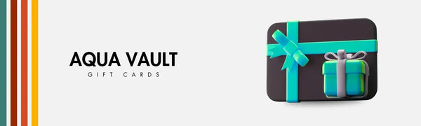 AQUA VAULT gift cards banner with gift box and colorful stripes on white background