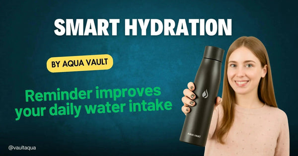 Smiling woman holds Aqua Vault smart water bottle against blue background, hydration reminder ad