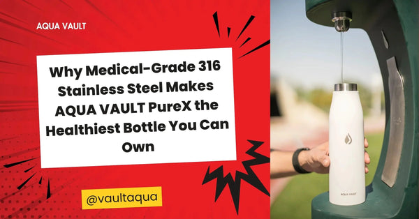 AQUA VAULT PureX white stainless steel bottle being filled at outdoor water station