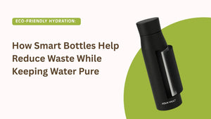 Black smart water bottle labeled AquaVault on green and white background, eco-friendly hydration theme.