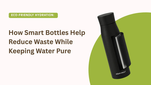 Black smart water bottle labeled AquaVault on green and white background, eco-friendly hydration theme.