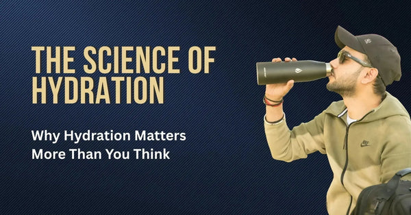 Man in casual wear drinking from a water bottle with 'The Science of Hydration' text