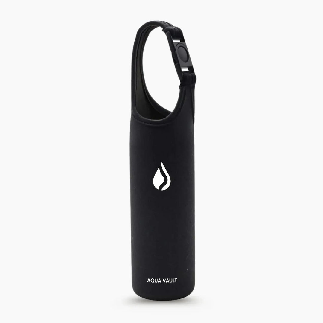 Black Aqua Vault water bottle holder with white logo and carrying strap on white background.