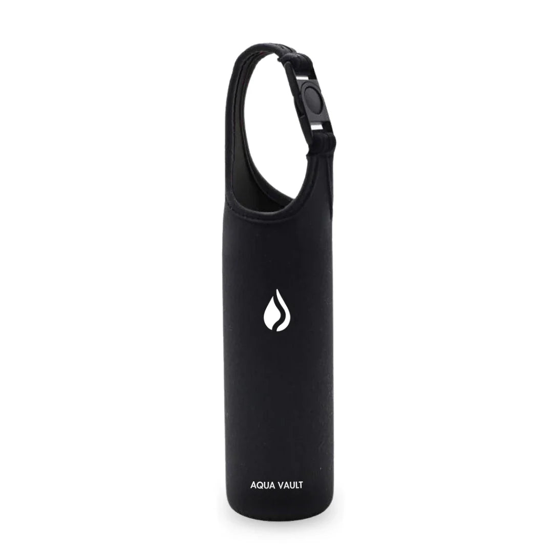Black Aqua Vault water bottle holder with white logo and carrying strap on white background.