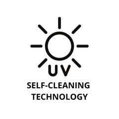 AQUA VAULT  Icon of a sun with 'UV' text and 'Self-Cleaning Technology' below on a white background