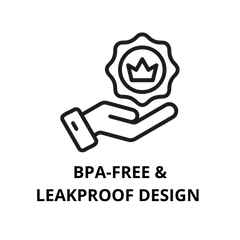 AQUA VAULT  Icon of a hand holding a BPA-free and leakproof design badge on a white background