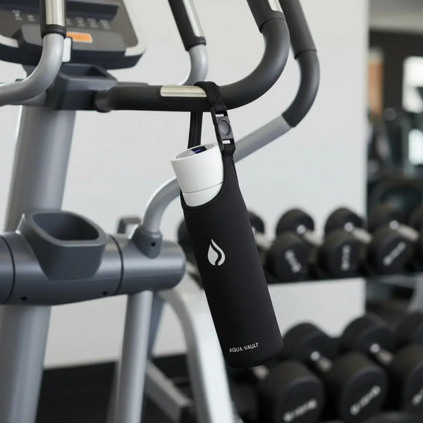 AQUA VAULT White Water Bottle with a bottle sleeve attached to an elliptical machine in a gym setting