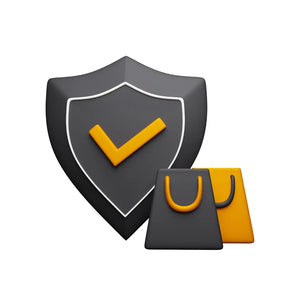 Black shield with a yellow check mark and two black and orange shopping bags on a white background