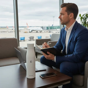 Man in a blue suit sitting at an airport lounge with a laptop, notebook, and AQUA VAULT PureX Bottle on a table.
