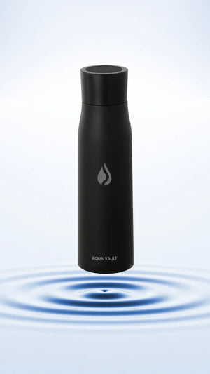 Aqua Vault Black water bottle with a logo on a light blue background