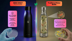 Comparison between Aqua Vault PureX bottle and traditional water bottle with visual and text elements.