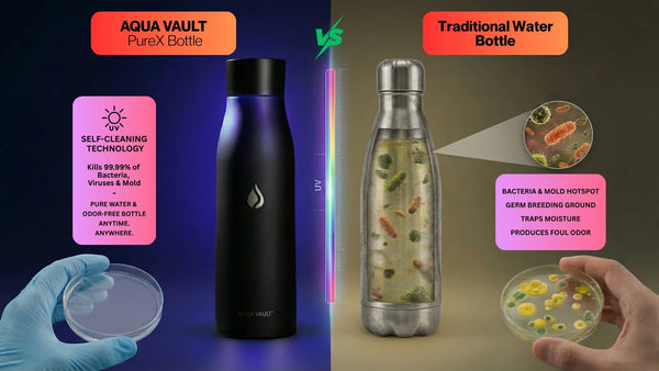 Comparison between Aqua Vault PureX bottle and traditional water bottle with visual and text elements.