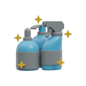Set of blue and gray bottles with a spray nozzle on a white background