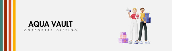 Aqua Vault corporate gifting banner with two people holding gift boxes on a white background.