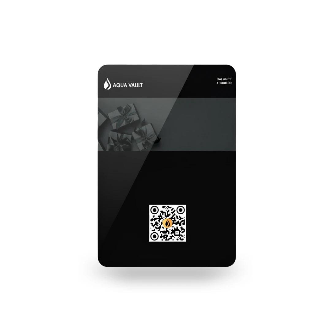 AQUA VAULT Digital Gift Card with AQUA VAULT branding and a QR code on a white background