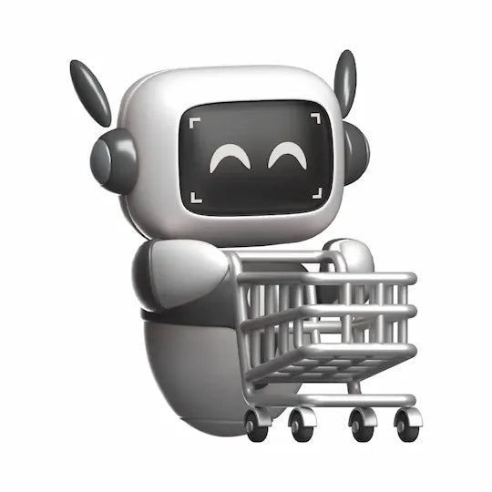 Robot with a shopping cart on a white background