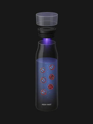 AQUA VAULT PureX Self-Cleaning  Smart Water Bottle with UV light feature on a black background