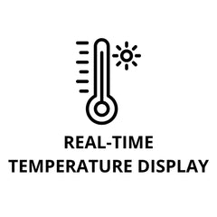 AQUA VAULT Icon with a thermometer symbol above text 'REAL-TIME TEMPERATURE DISPLAY' on a white background