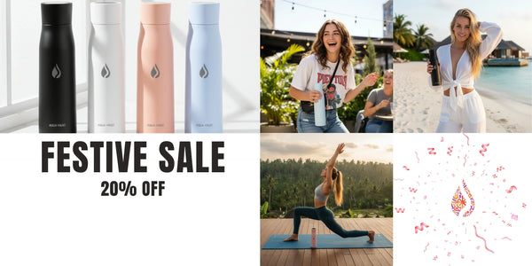 Promotional collage with aqua vault purex water bottles, people outdoors, and festive sale text.