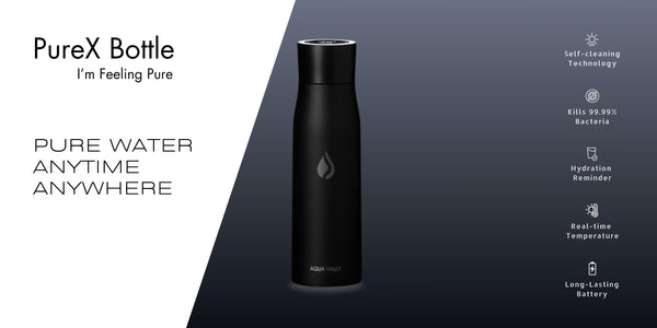 AQUA VAULT Black PureX Bottle with features listed on a dark gray background in landscape