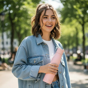 Girl holding AQUA VAULT PureX pink water bottle outdoors with trees in the background