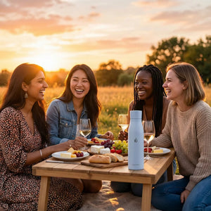 Four women enjoying a picnic at sunset with a blue AQUA VAULT PureX Self-Cleaning Smart Water Bottle on the table.