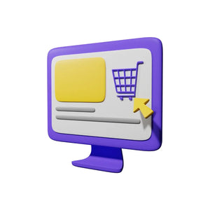 Icon of a computer screen with a yellow square, purple shopping cart, and yellow arrow on a white background