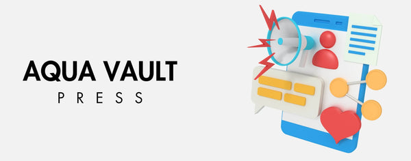 AQUA VAULT Press logo with a stylized phone and icons on a white background