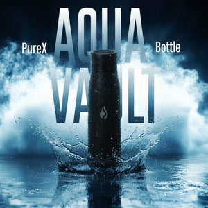 Aqua Vault PureX  bottle with water splash effect on a dark background