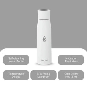 AQUA VAULT PureX Glacier White self-cleaning water bottle with feature highlights