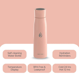 Aqua Vault PureX Himalayan pink self-cleaning water bottle with feature highlights