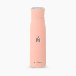 Aqua Vault PureX Himalayan pink water bottle with logo on a white background