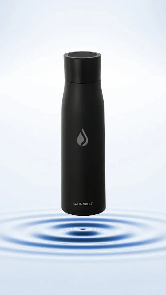 Black AQUA VAULT PureX UV-C Self-Cleaning Premium Smart Water Bottle on a light blue background