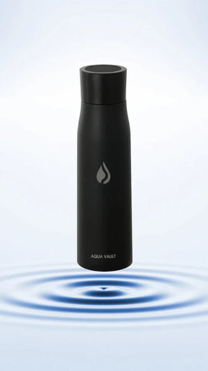 Black AQUA VAULT PureX UV-C Self-Cleaning Premium Smart Water Bottle on a light blue background