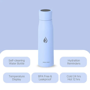 AQUA VAULT PureX Tidal Blue self-cleaning water bottle with hydration reminders features.