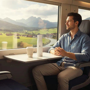 Man sitting on a train looking out the window at a scenic view with aqua vault purex bottle 
