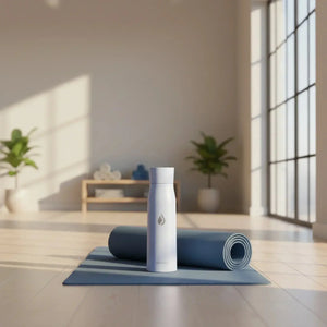 AQUA VAULT PureX water bottle on yoga mat in bright yoga studio with rolled mat and plants