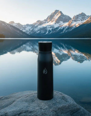 AQUA VAULT PureX Smart Black water bottle on a rock with a mountainous landscape and lake in the background