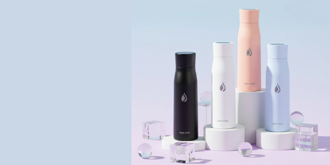 AQUA VAULT PureX self-cleaning smart water bottles with matte finish on white pedestals, soft pastel background, premium look.