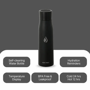Black AQUA VAULT PureX UV-C Self-Cleaning Premium Smart Water Bottle with features listed on a gray background