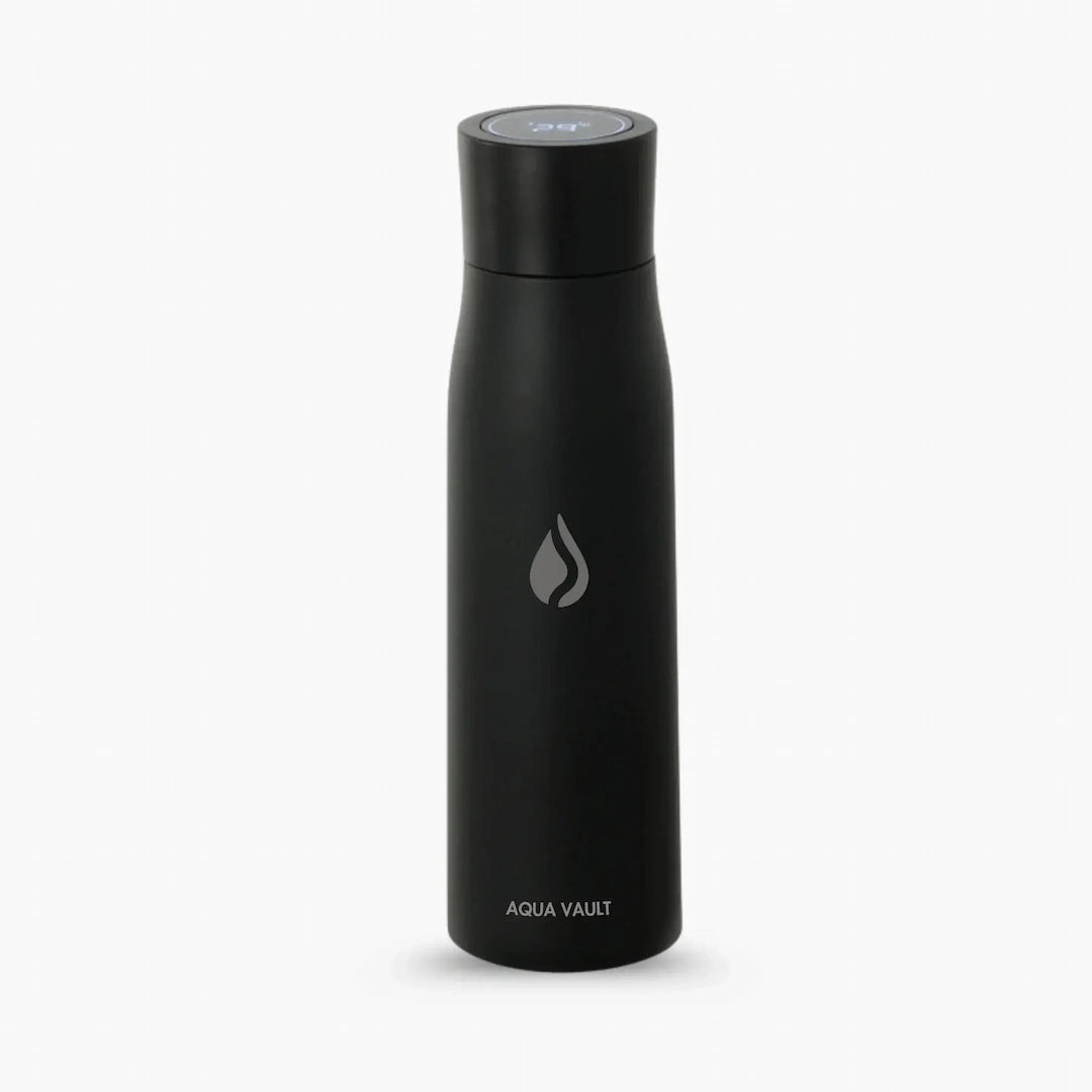 Black AQUA VAULT PureX UV-C Self-Cleaning Premium Smart Water Bottle on a white background