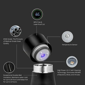 Black AQUA VAULT PureX UV-C Self-Cleaning Premium Smart Water Bottle with features highlighted on a dark background