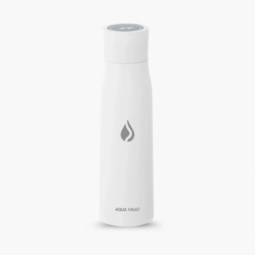 AQUA VAULT PureX UV-C Self-Cleaning Premium Smart Water Bottle White Colored with AQUA VAULT logo on a light background