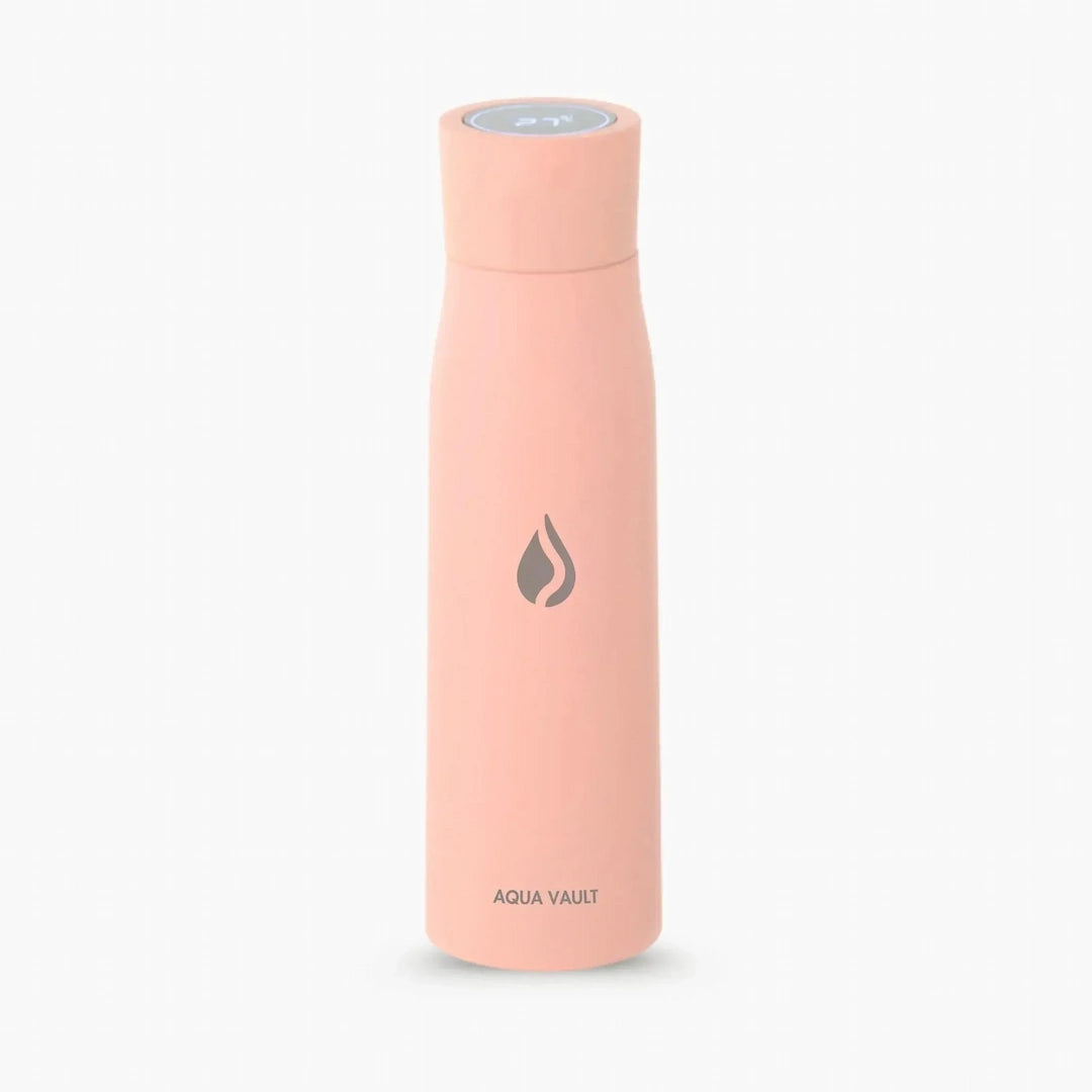 AQUA VAULT PureX UV-C Self-Cleaning Premium Smart Water Bottle Pink colored with a logo on a white background