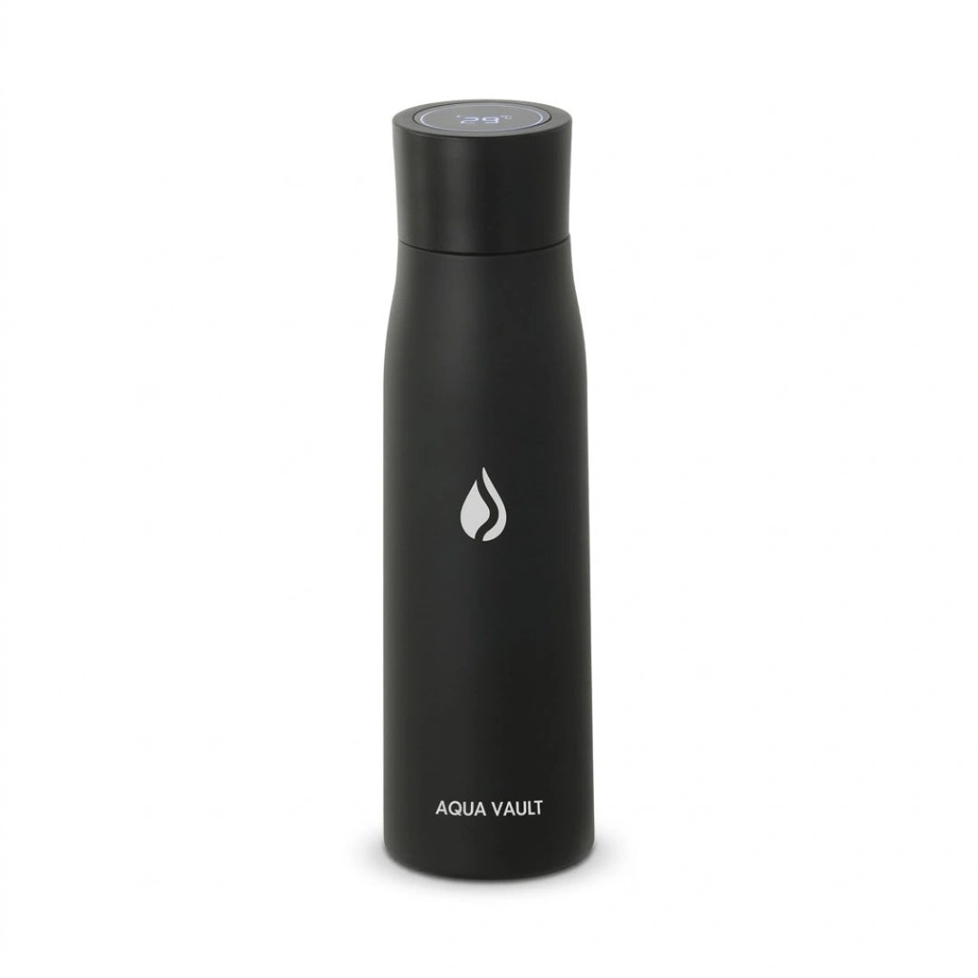 Black AQUA VAULT PureX UV-C Self-Cleaning Premium Smart Water Bottle on a white background