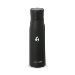 Black AQUA VAULT PureX UV-C Self-Cleaning Premium Smart Water Bottle on a white background